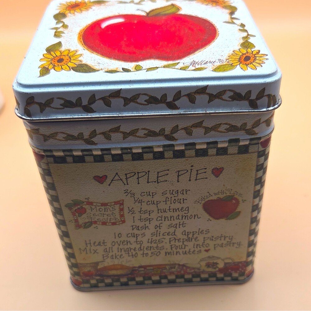 Square Metal Tin Storage Box w/ Lid - Apple Pie Recipe Red Apple Design